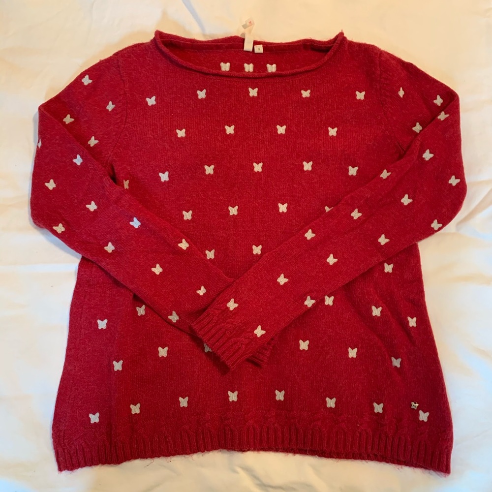 White stuff red sweater with white embroidered butterflies. Size 6